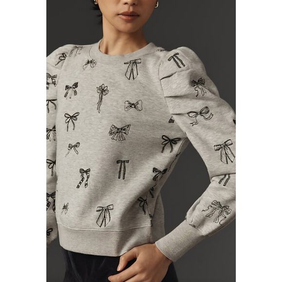 Anthropologie Maeve Gray Navy Embroidered Bow Puff Sleeve Sweatshirt NWT Small - Picture 9 of 9
